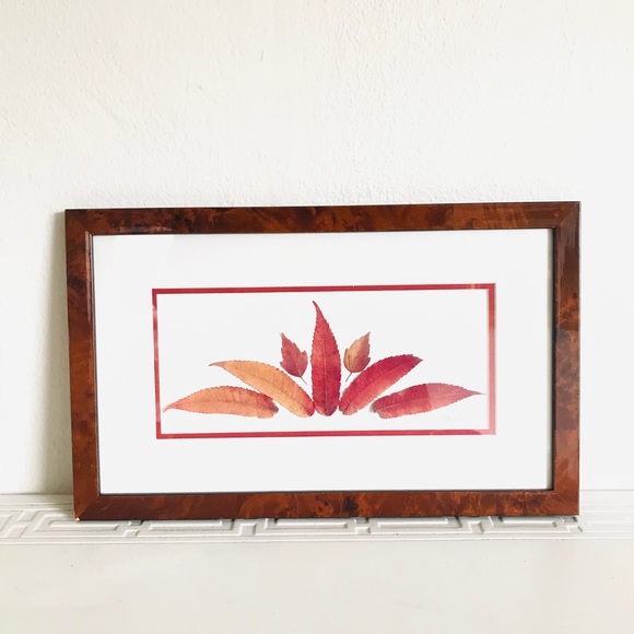 Signed vintage Leaf Art Framed in Lacquered Burled Wood - Picture 2 of 13